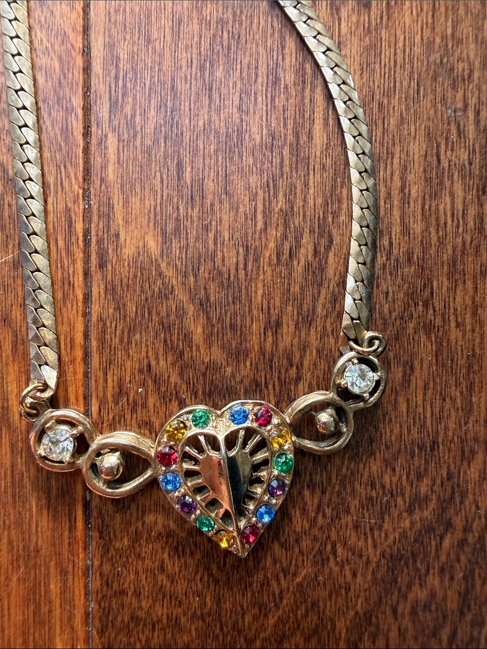 Vintage Gold-Tone Heart Pendant Necklace with Multicolor Rainbow Stones - 14”